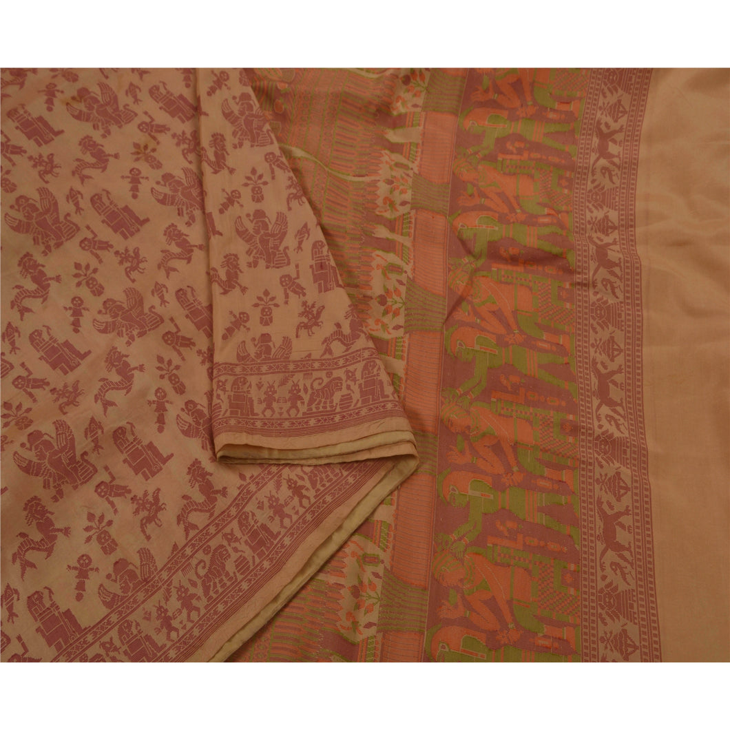 Saree 100% Pure Silk Woven Cream Fabric Premium 5 Yd Sari