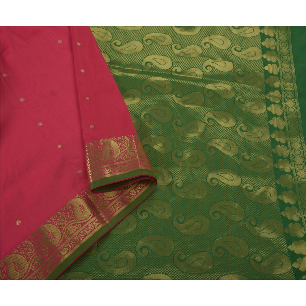Sanskriti Vintage Saree Art Silk Woven Pink Brocade Fabric Banarasi Craft Sari
