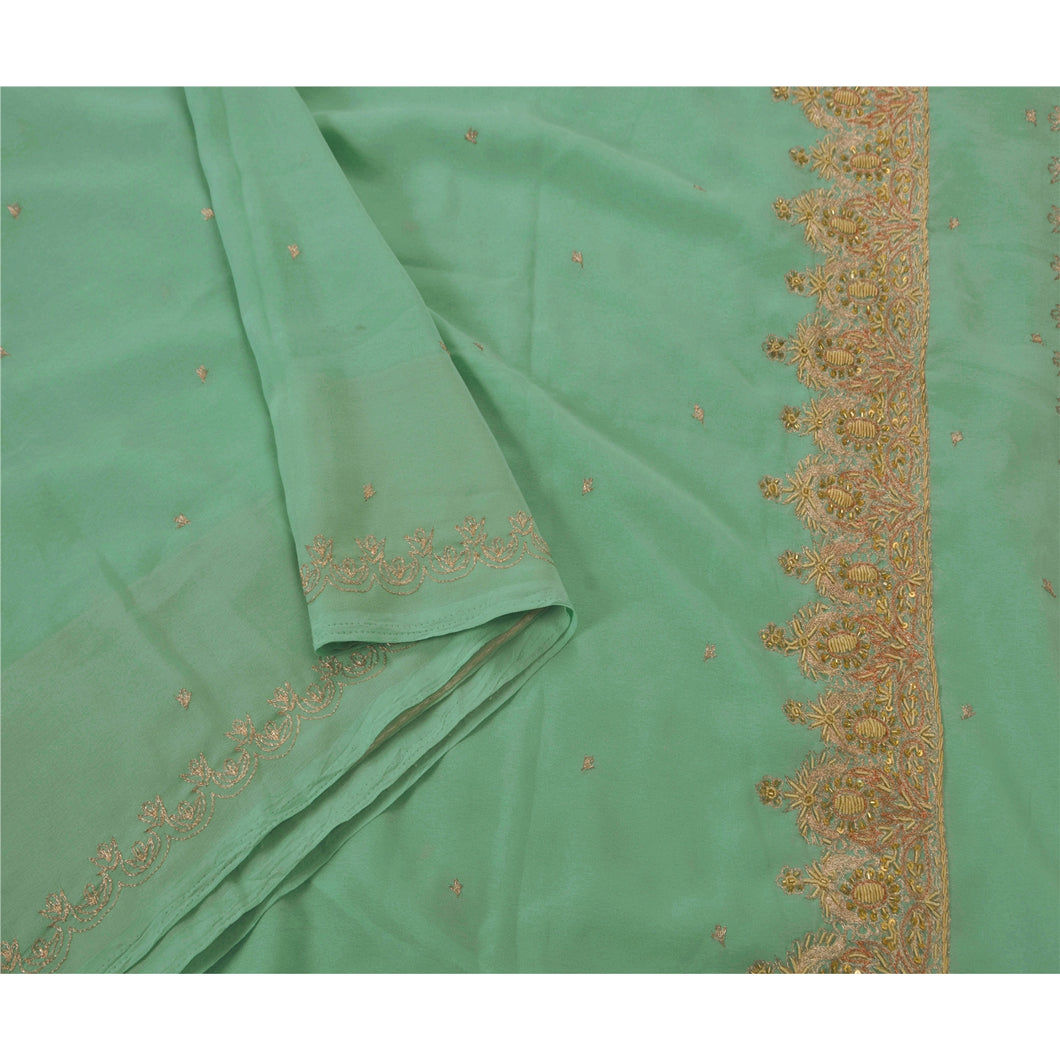 Saree Georgette Hand Beaded Green Fabric Premium Craft Sari