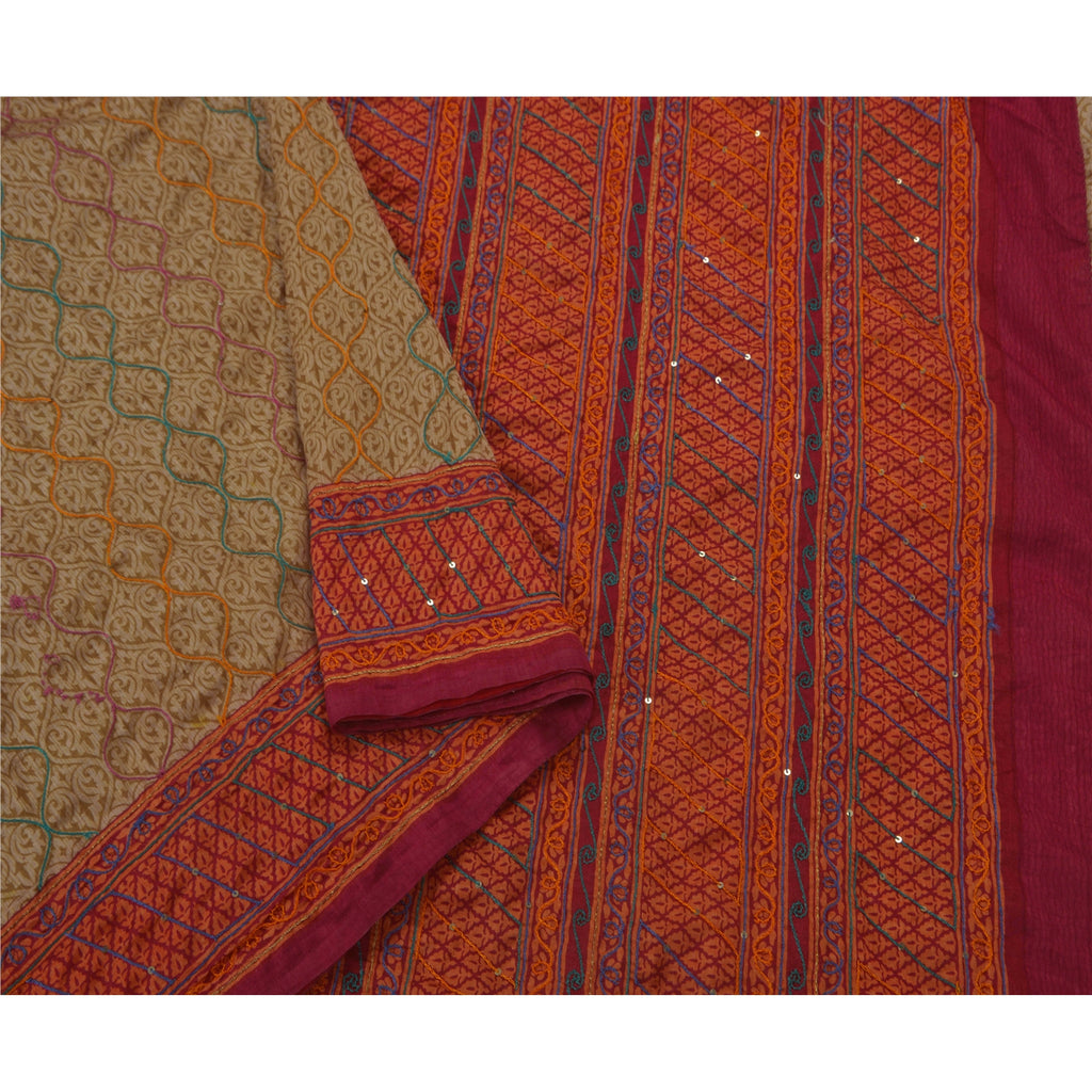 Sanskriti Vintage Saree Art Silk Hand Beaded Craft Sustainable Fabric Premium 5 Yd Sari