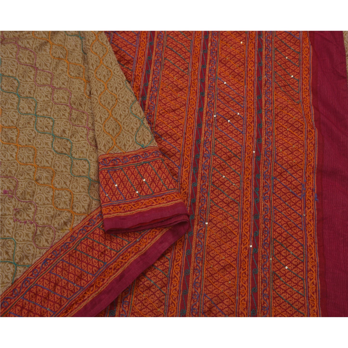 Sanskriti Vintage Saree Art Silk Hand Beaded Craft Sustainable Fabric Premium 5 Yd Sari