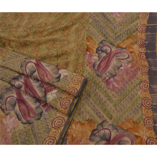 Sanskriti Vintage Antique Saree 100% Pure Georgette Silk Embroidered Sustainable Fabric 5 Yd Sari