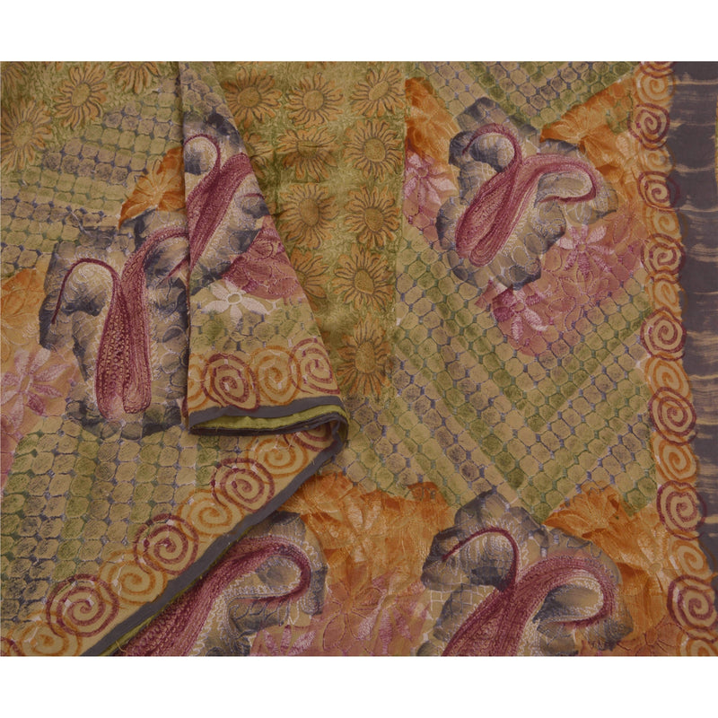 Sanskriti Vintage Antique Saree 100% Pure Georgette Silk Embroidered Sustainable Fabric 5 Yd Sari