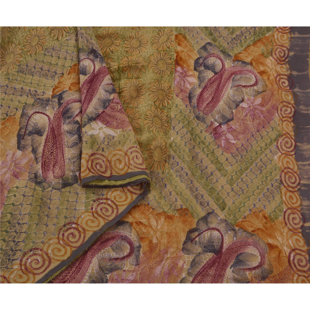 Vintage Antique Saree 100% Pure Georgette Silk Embroidered Fabric 5 Yd Sari