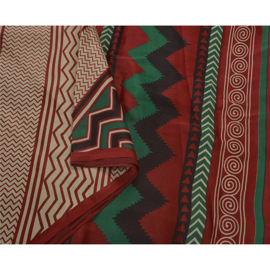 Cream Saree Art Silk Printed Fabric 5 Yd Premium Craft Sari
