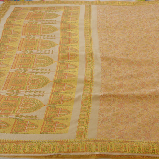 Sanskriti Vintage Saree Cotton Woven Cream Sustainable Fabric 5 Yd Premium Craft Sari Fringe