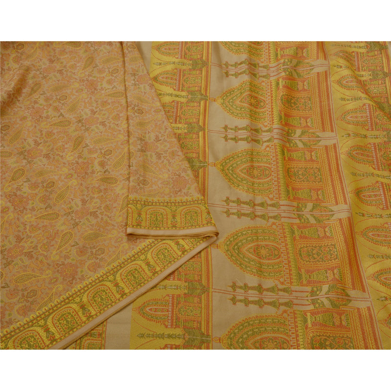 Sanskriti Vintage Sari Bomuld Vævet Cremefarvet Bæredygtigt Stof 5 Yard Premium Håndværkssari Frynser 