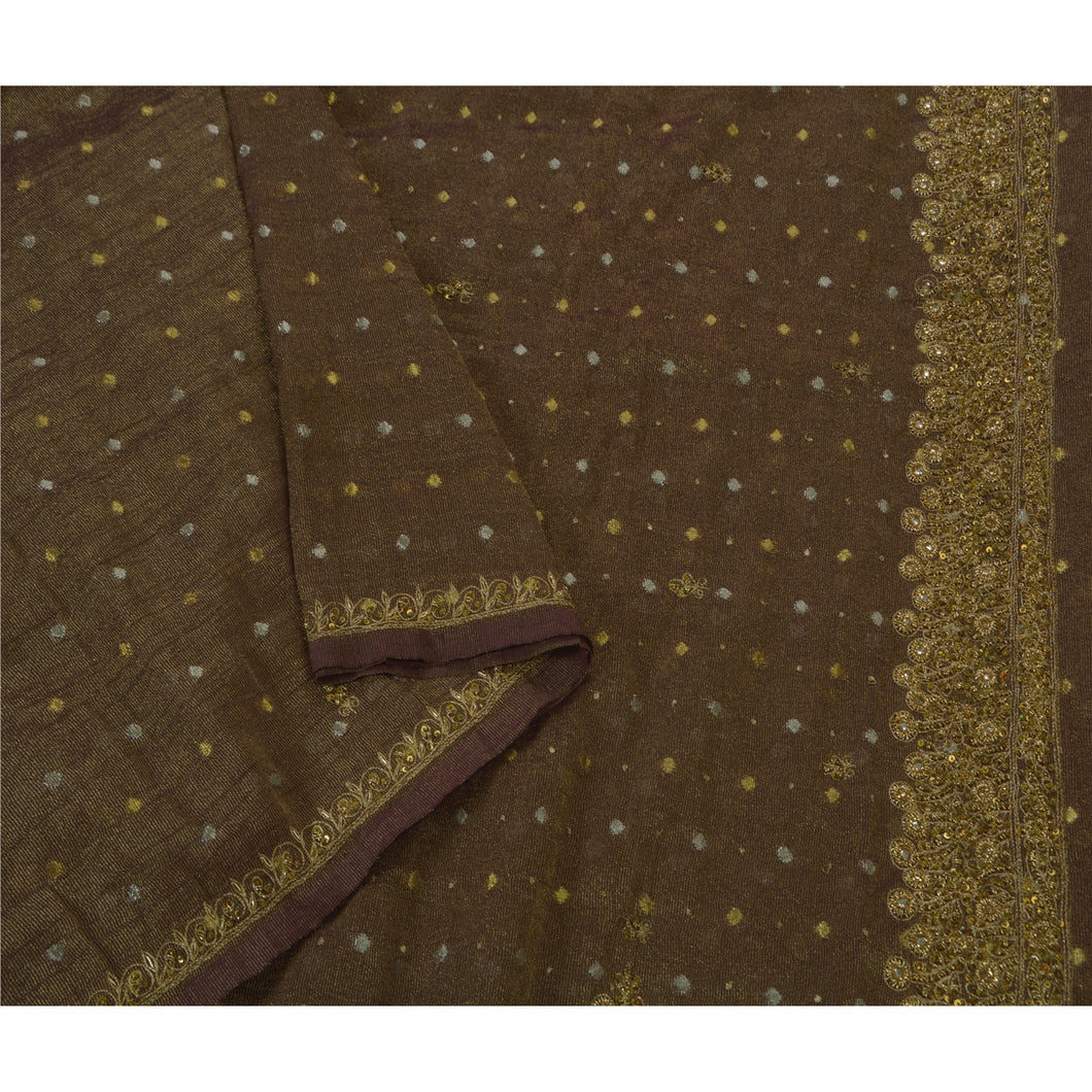 Saree Georgette Hand Beaded Brown Fabric 5 Yd Premium Sari