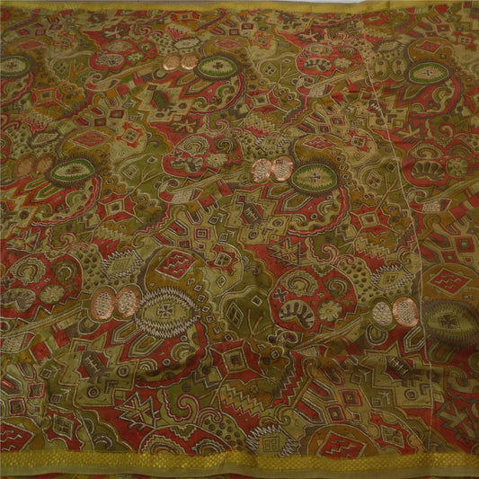 Sanskriti Vintage Saree Art Silk Hand Beaded Green Sustainable Fabric 5Yd Premium Craft Sari