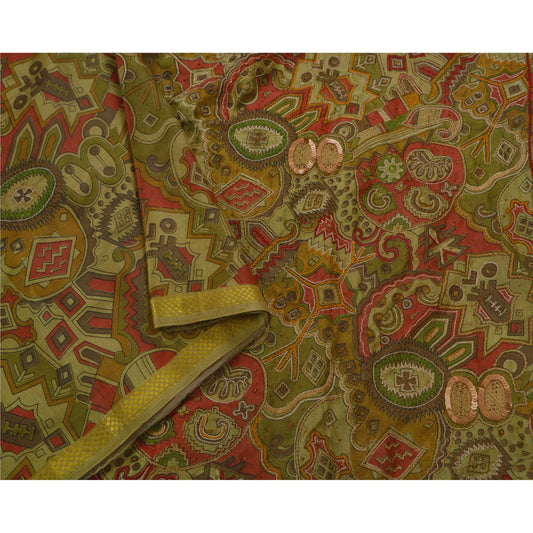 Sanskriti Vintage Saree Art Silk Hand Beaded Green Sustainable Fabric 5Yd Premium Craft Sari