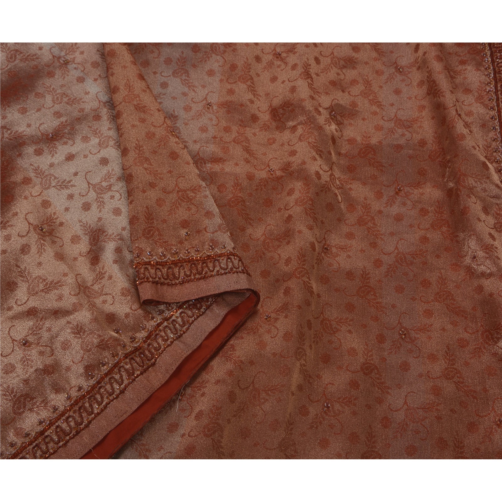 Sanskriti Vintage Saree Tissue Sustainable Fabric Hand Beaded Brown Sustainable Fabric 5Yd Craft Sari