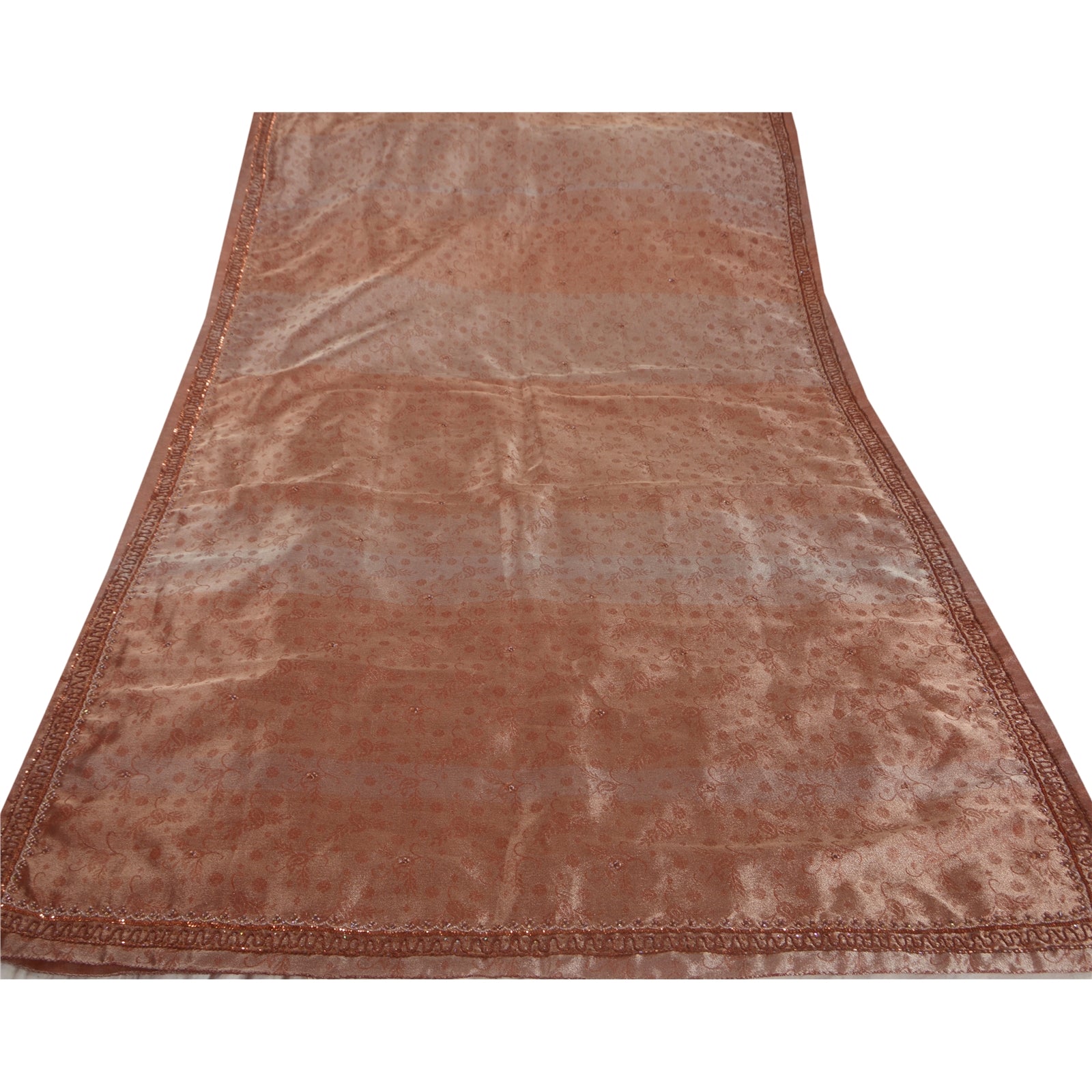 Sanskriti Vintage Saree Tissue Sustainable Fabric Hand Beaded Brown Sustainable Fabric 5Yd Craft Sari