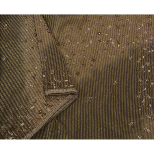 Sanskriti Vintage Saree Georgette Hand Beaded Green Sustainable Fabric Premium Craft Sari