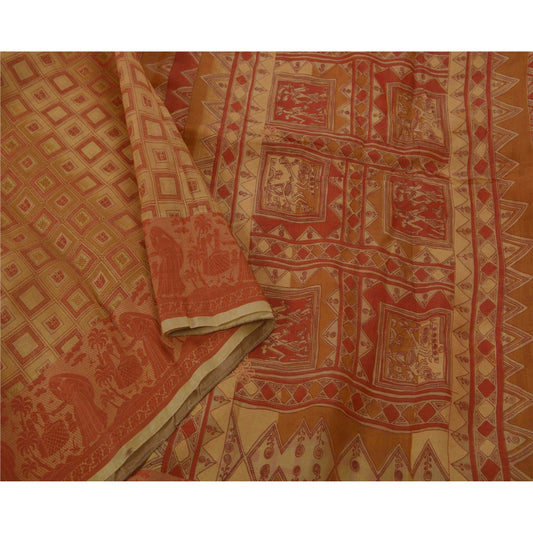 Sanskriti Vintage Saree 100% Pure Organza Silk Printed Brown Sustainable Fabric 5 Yd Sari
