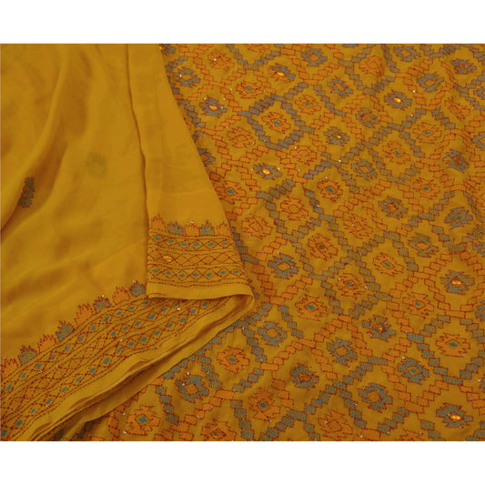 Sanskriti Vintage Saree Georgette Hand Beaded Yellow Sustainable Fabric 5 Yd Premium Sari