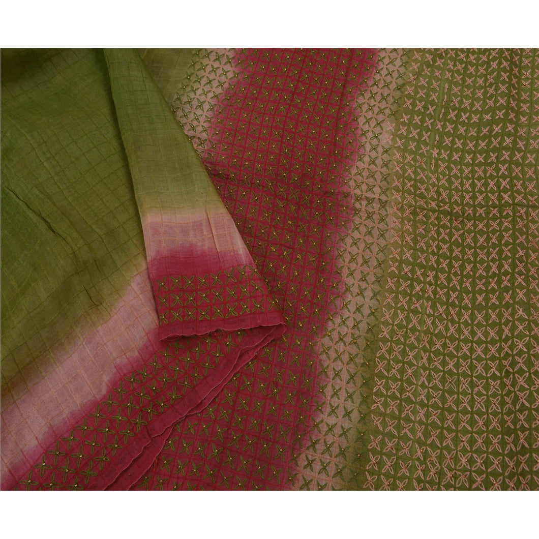 Sanskriti Vintage Saree 100% Pure Silk Hand Beaded Green Fabric 5 Yd Craft Sari