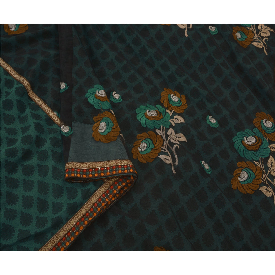 Sanskriti Vintage Saree Blend Georgette Embroidered Green Fabric Sari 5 Yd