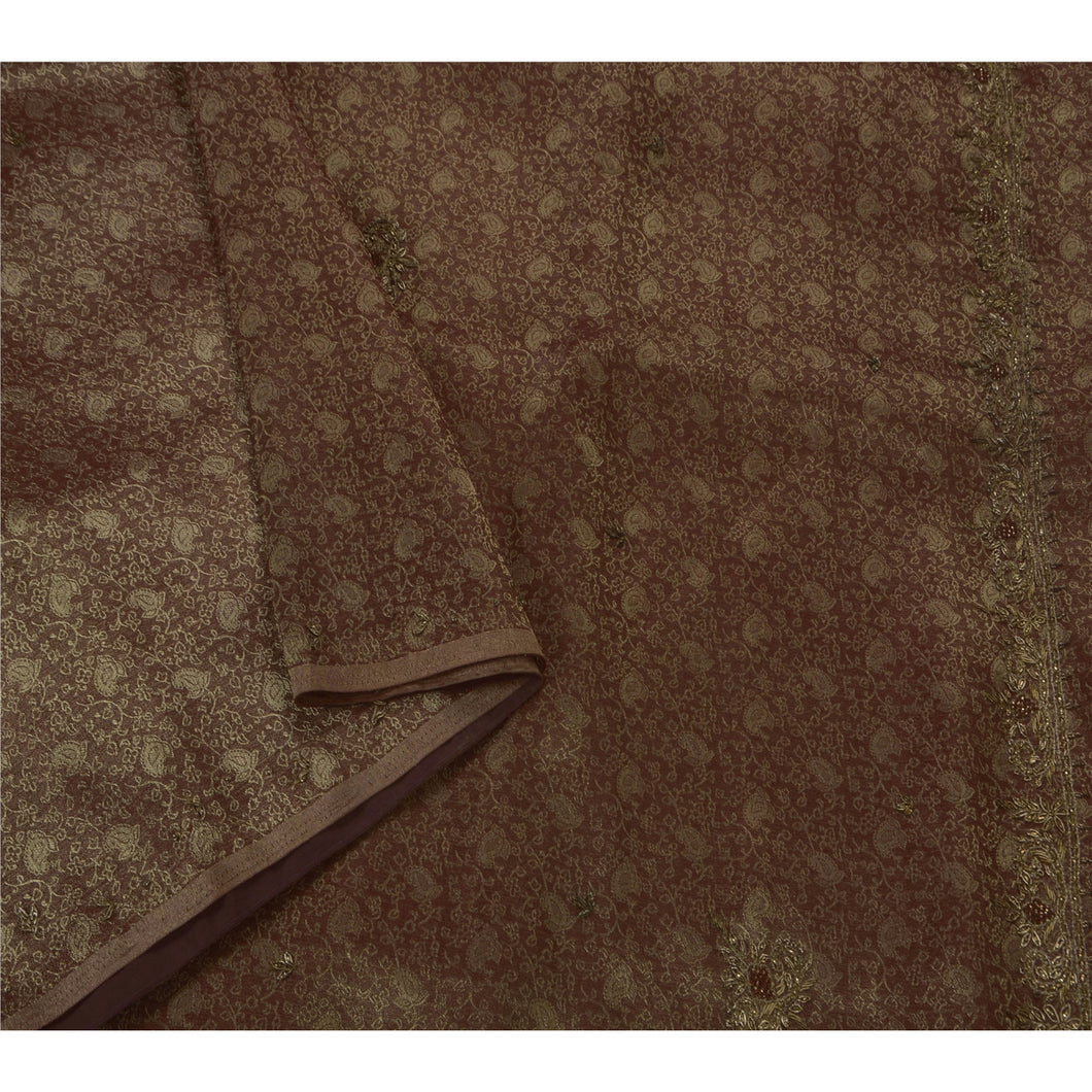 Sanskriti Vintage Saree Tissue Hand Beaded Brown Fabric Premium Sari 5 Yd