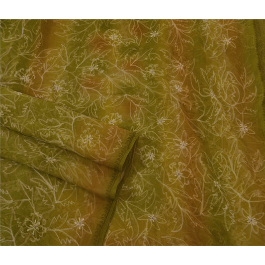 Sanskriti Vintage Saree Pure Chiffon Silk Embroidered Green Sustainable Fabric Craft Sari