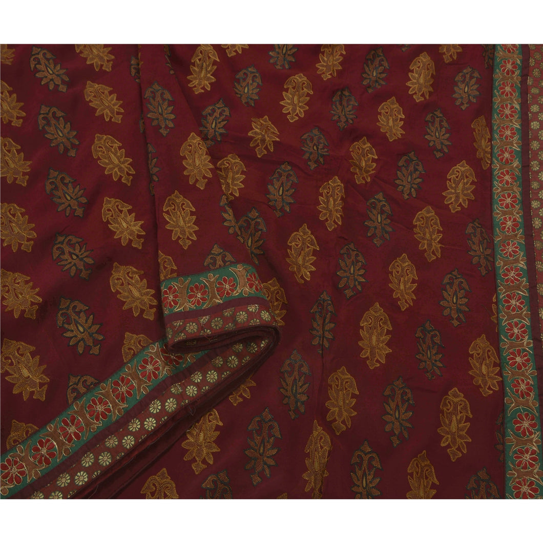 Sanskriti Vintage Saree Blend Georgette Embroidered Dark Red Ethnic Fabric Sari