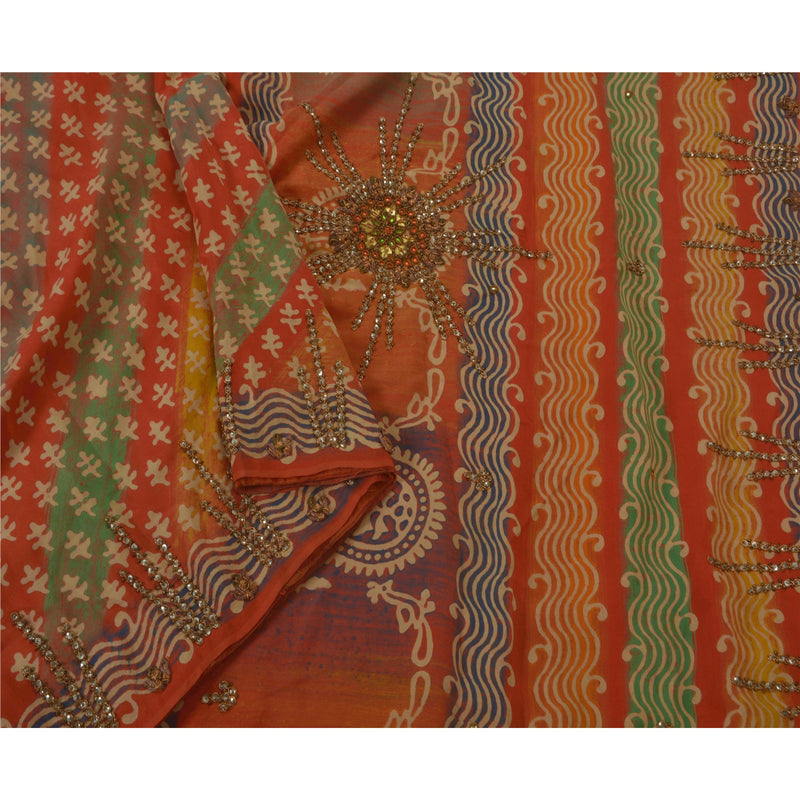 Sanskriti Vintage Sari 100% Pure Crepe Silk Saree Hand Beaded Zardozi Gota Patti Traditional Boho Quilting For DIY Projects 5Yd Fabric