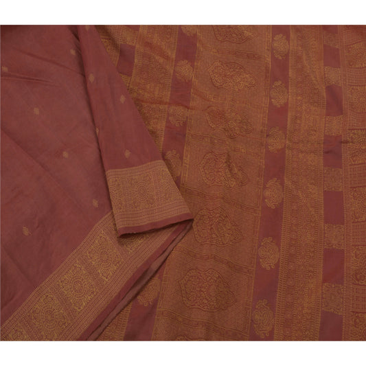 Sanskriti Vintage Saree 100% Pure Silk Woven Brown Sustainable Fabric 5 Yd Sari Premium