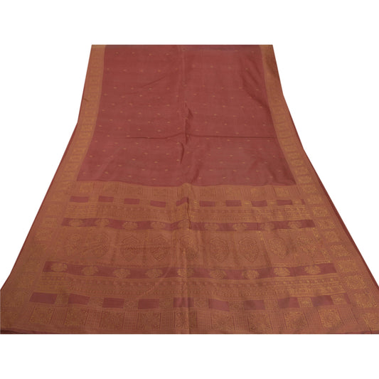 Sanskriti Vintage Saree 100% Pure Silk Woven Brown Sustainable Fabric 5 Yd Sari Premium