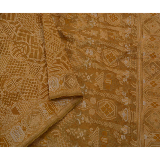 Sanskriti Vintage Saree 100% Pure Silk Woven Beige Premium Sustainable Fabric 5 Yd Sari