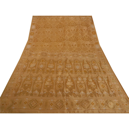 Sanskriti Vintage Saree 100% Pure Silk Woven Beige Premium Sustainable Fabric 5 Yd Sari