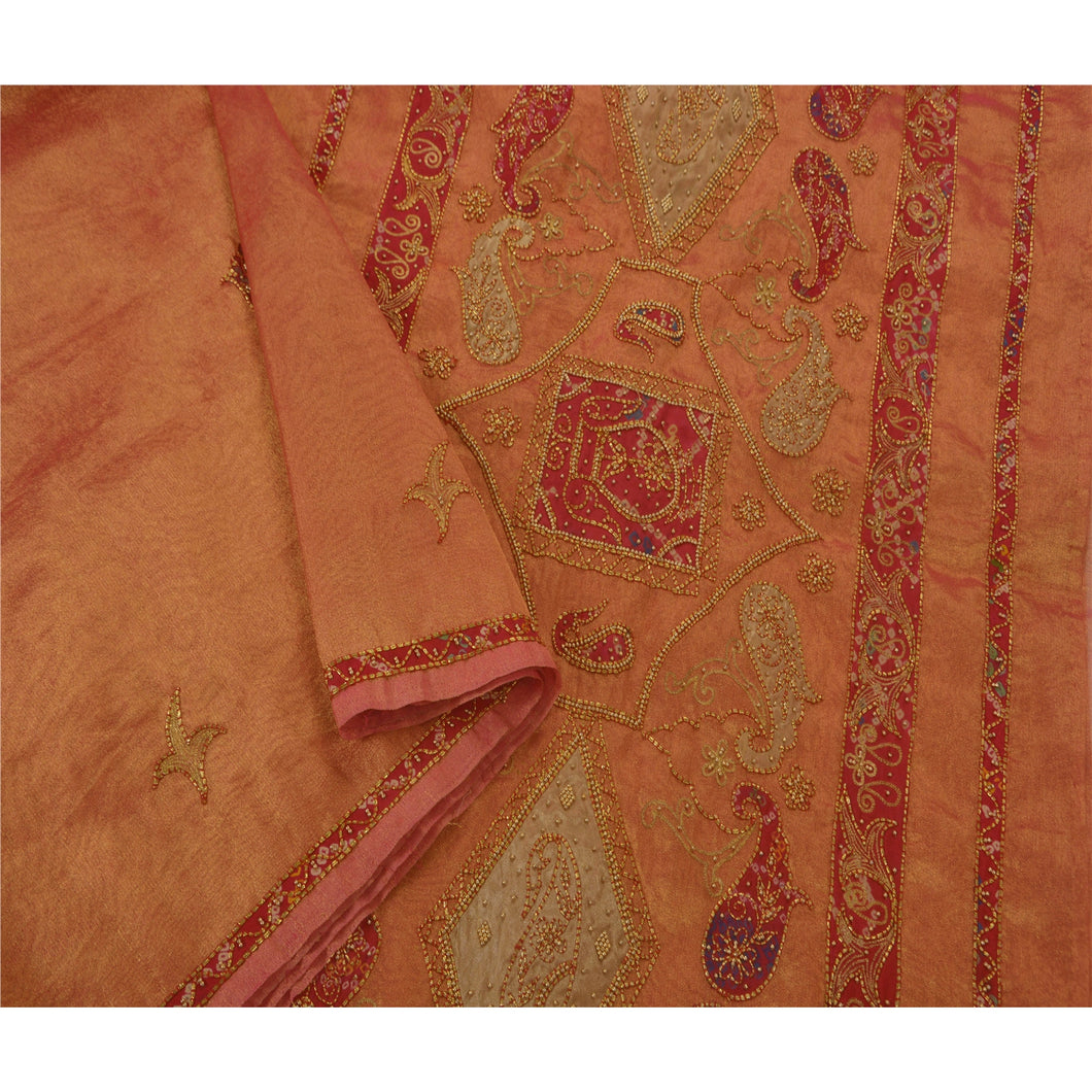 Golden Pink Saree Tissue Hand Beaded Premium Fabric Sari Craft
