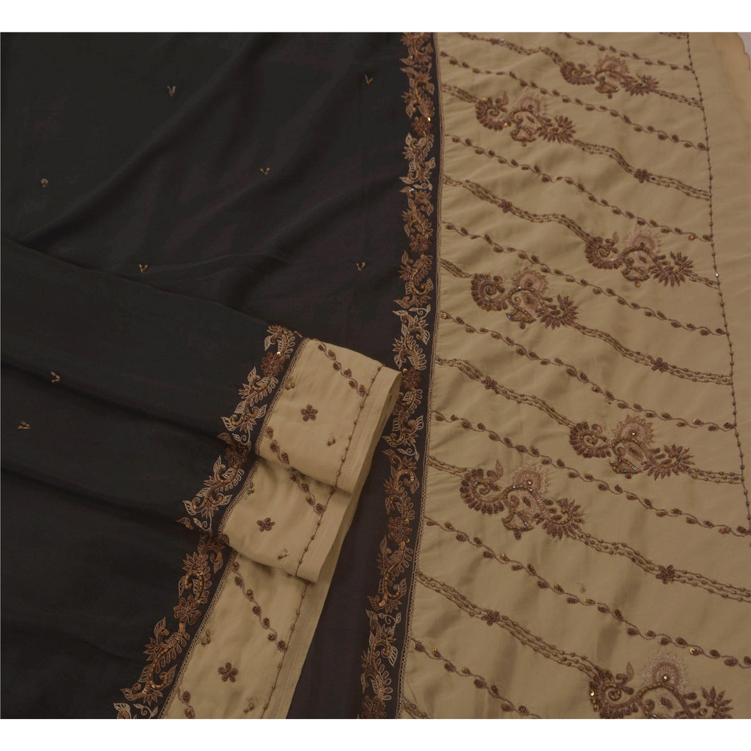 Sanskriti Vintage Green/Black Saree Blend Crepe Hand Beaded Fabric 5 Yd Sari