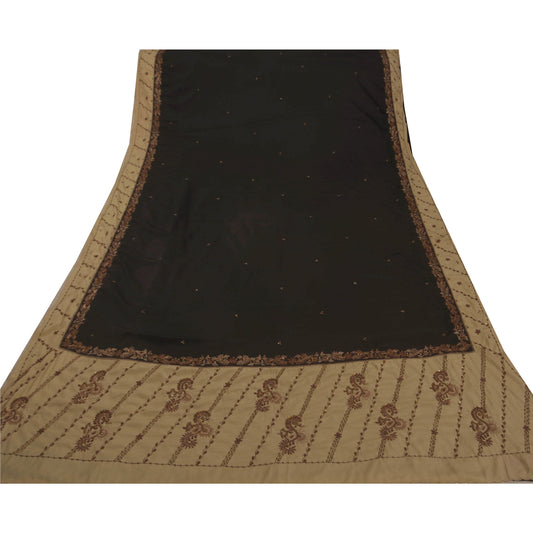 Sanskriti Vintage Green/Black Saree Blend Crepe Hand Beaded Sustainable Fabric 5 Yd Sari