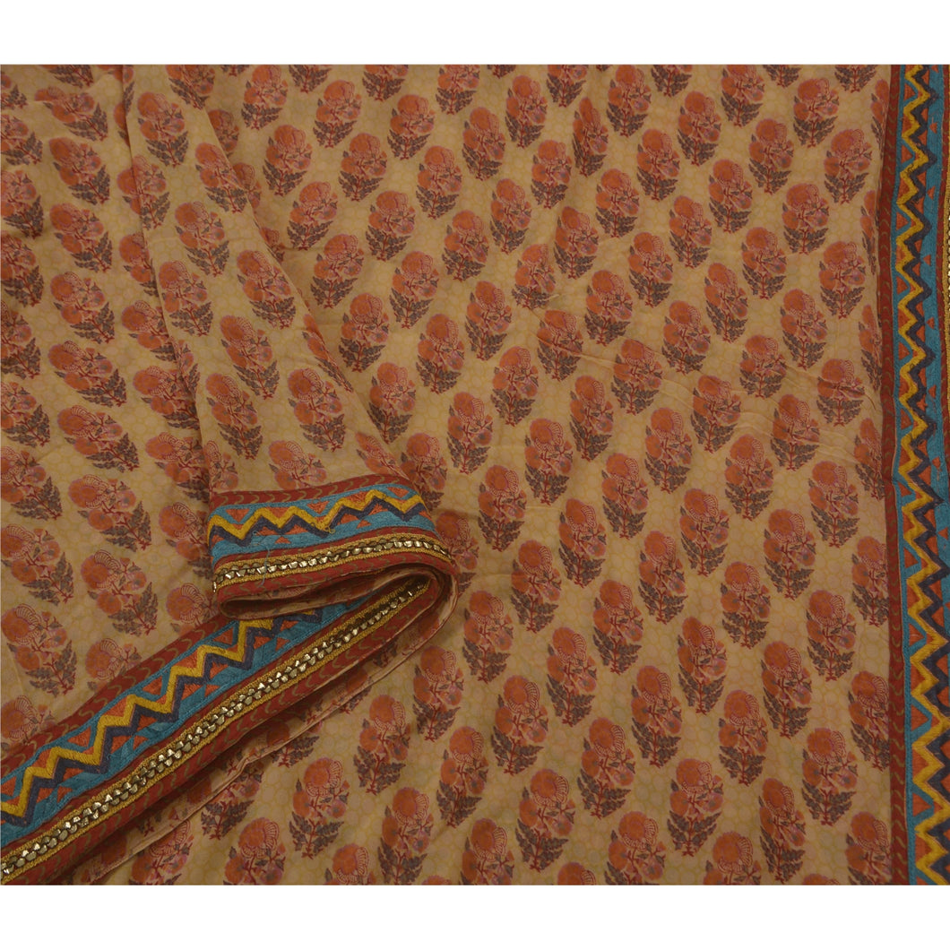 Cream Saree Blend Georgette Printed 5 Yd Fabric Sari Premium