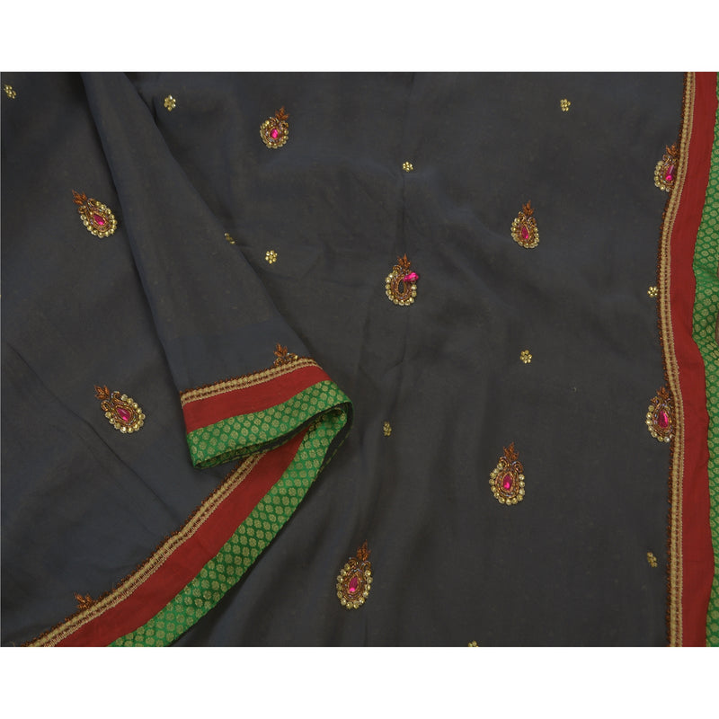 Sanskriti Vintage Blå Sari Ren Georgette Silke Håndperlet Etnisk Bæredygtigt Stoff Sari