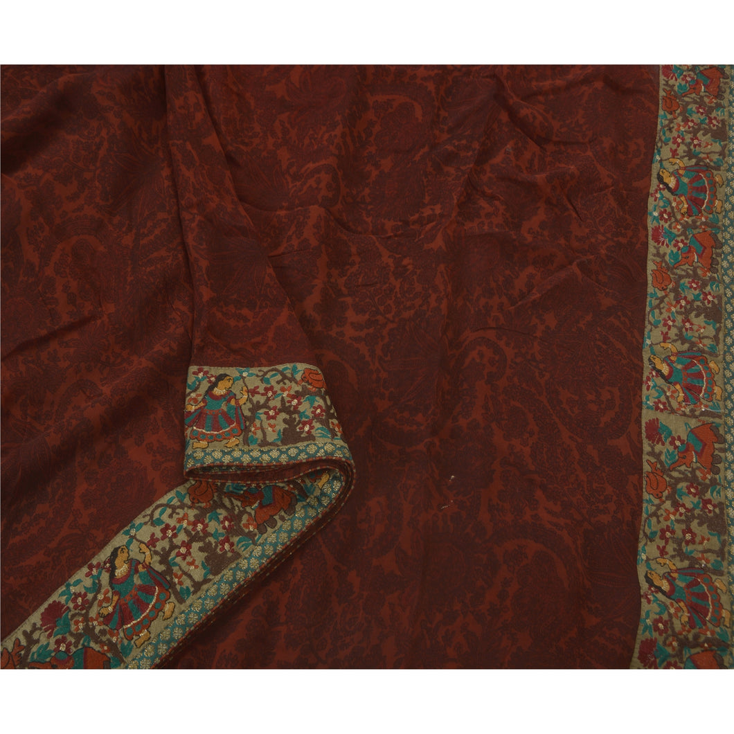 Brown Saree Blend Georgette Printed Fabric Premium Sari 5 Yd