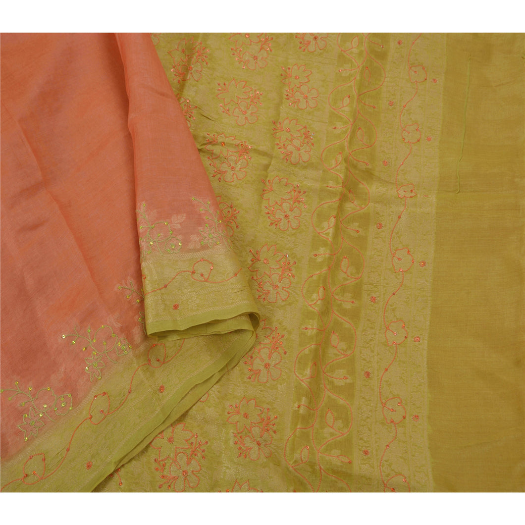 Sanskriti Vintage Peach Saree 100% Pure Silk Hand Beaded Craft Fabric Sari