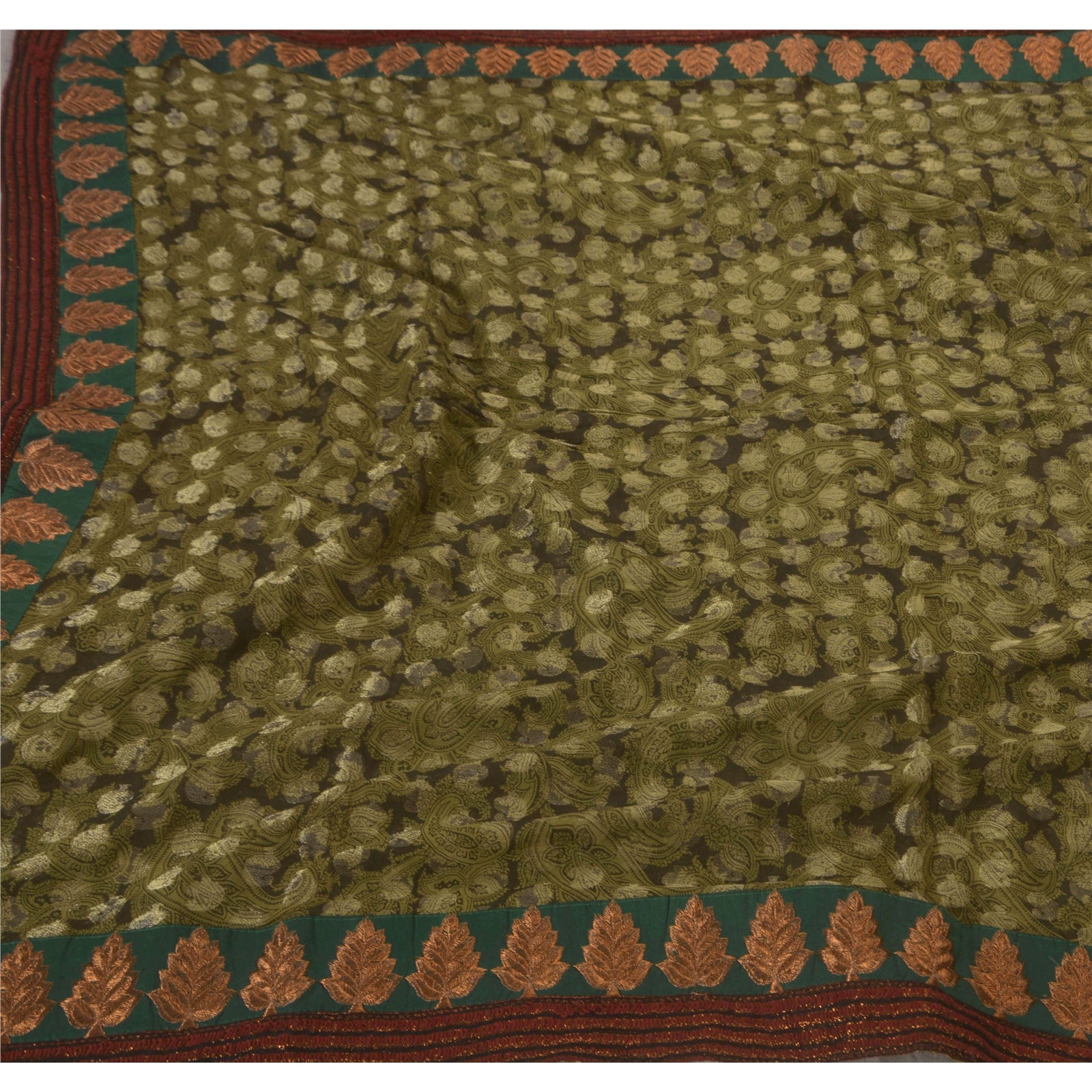 Sanskriti Vintage Sari 100% Pure Georgette Silk Green Sarees Embroidery Ethnic 5Yd Craft Fabric Upcycled Remnant Fabric For DIY Project