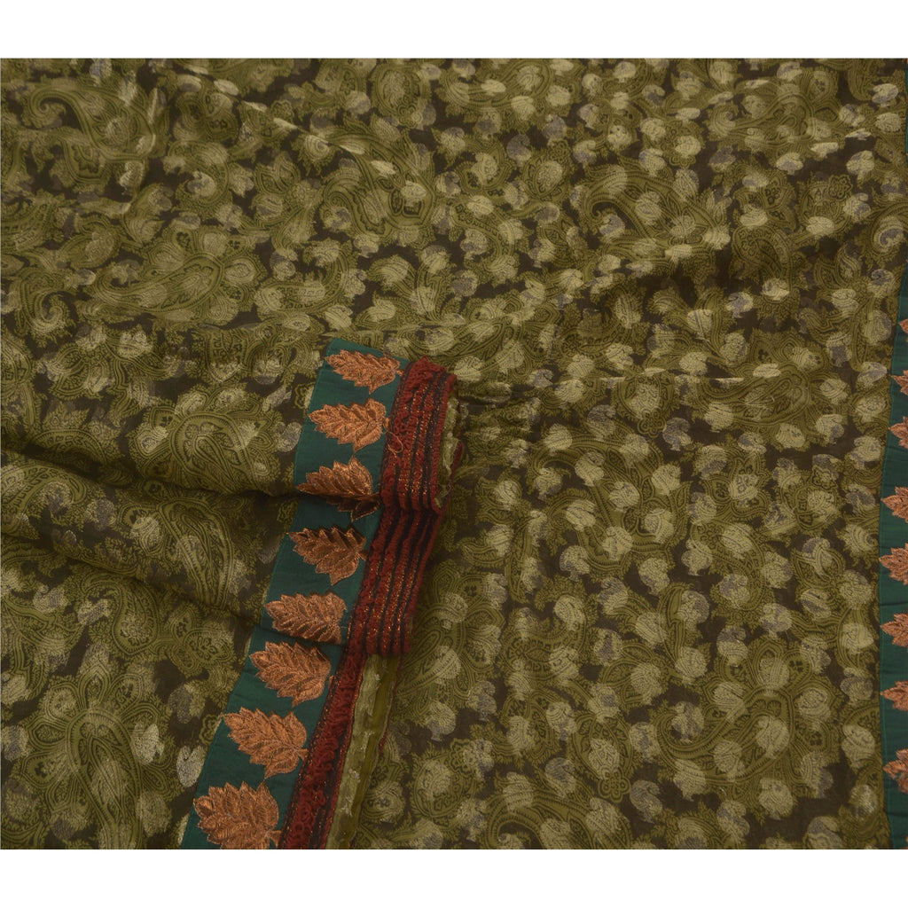 Sanskriti Vintage Sari 100% Pure Georgette Silk Green Sarees Embroidery Ethnic 5Yd Craft Fabric Upcycled Remnant Fabric For DIY Project