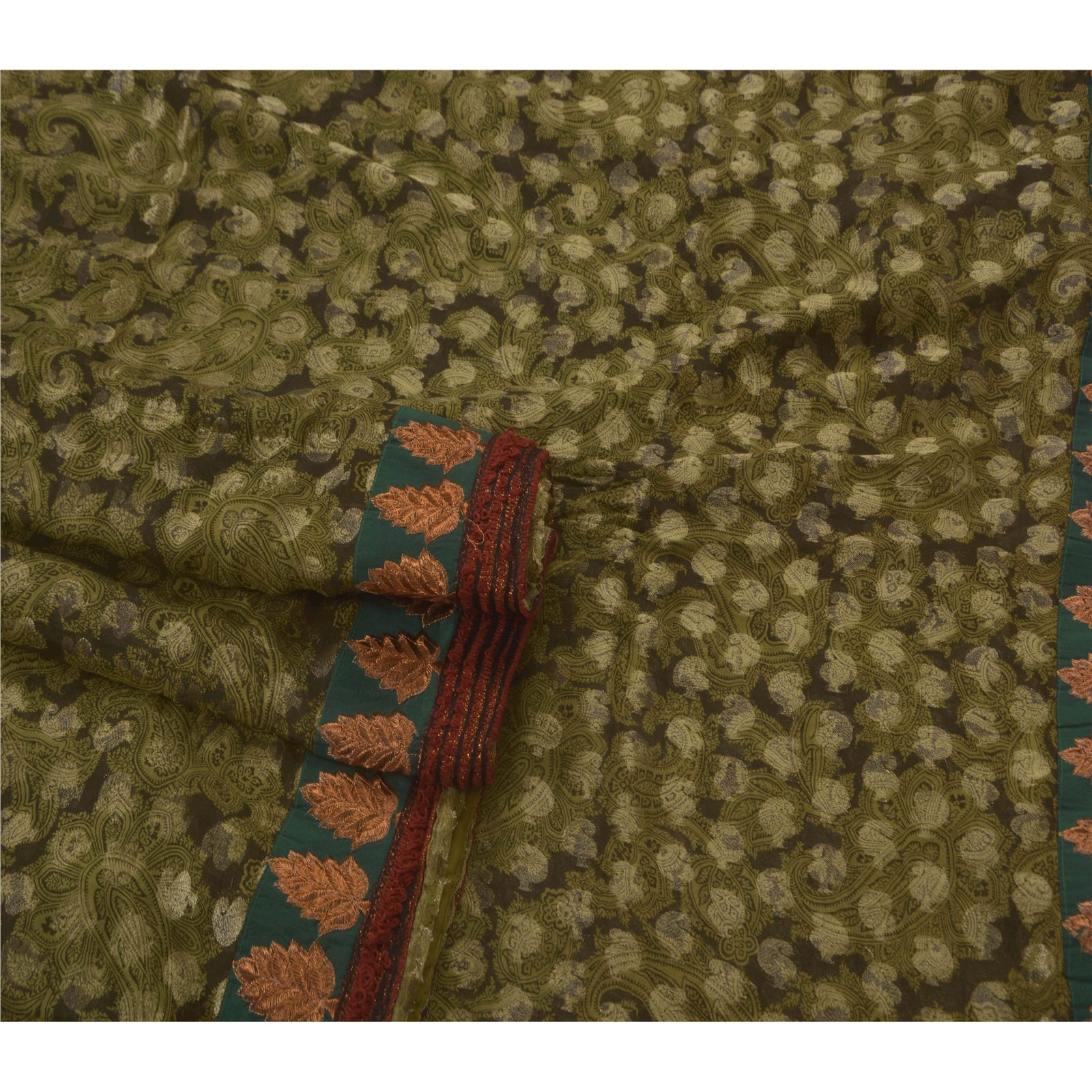 Sanskriti Vintage Sari 100% Pure Georgette Silk Green Sarees Embroidery Ethnic 5Yd Craft Fabric Upcycled Remnant Fabric For DIY Project