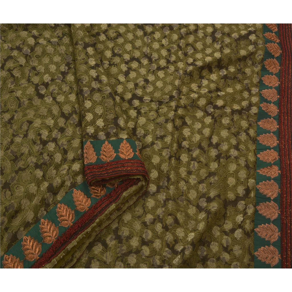 Sanskriti Vintage Sari 100% Pure Georgette Silk Green Sarees Embroidery Ethnic 5Yd Craft Fabric Upcycled Remnant Fabric For DIY Project