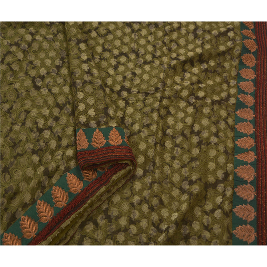 Sanskriti Vintage Green Saree Blend Georgette Embroidered Sustainable Fabric Sari Ethnic