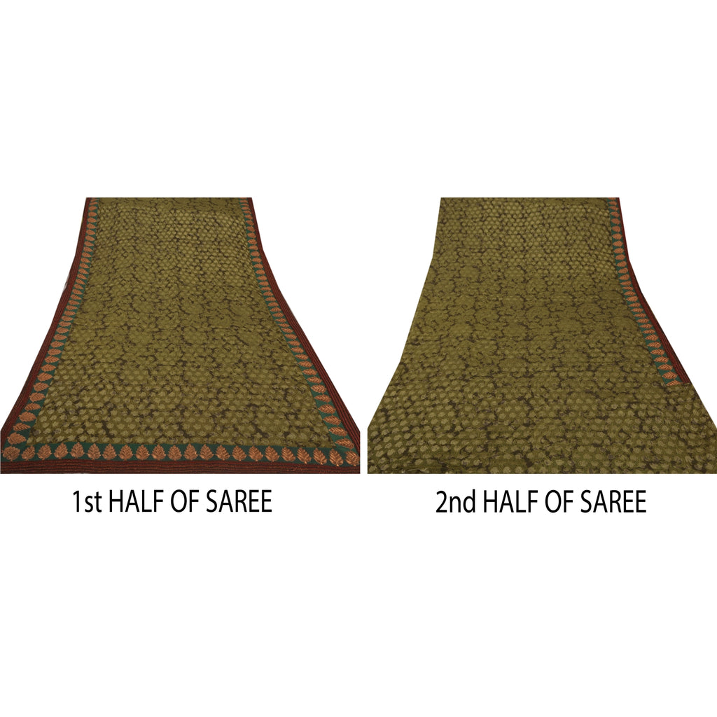 Sanskriti Vintage Sari 100% Pure Georgette Silk Green Sarees Embroidery Ethnic 5Yd Craft Fabric Upcycled Remnant Fabric For DIY Project