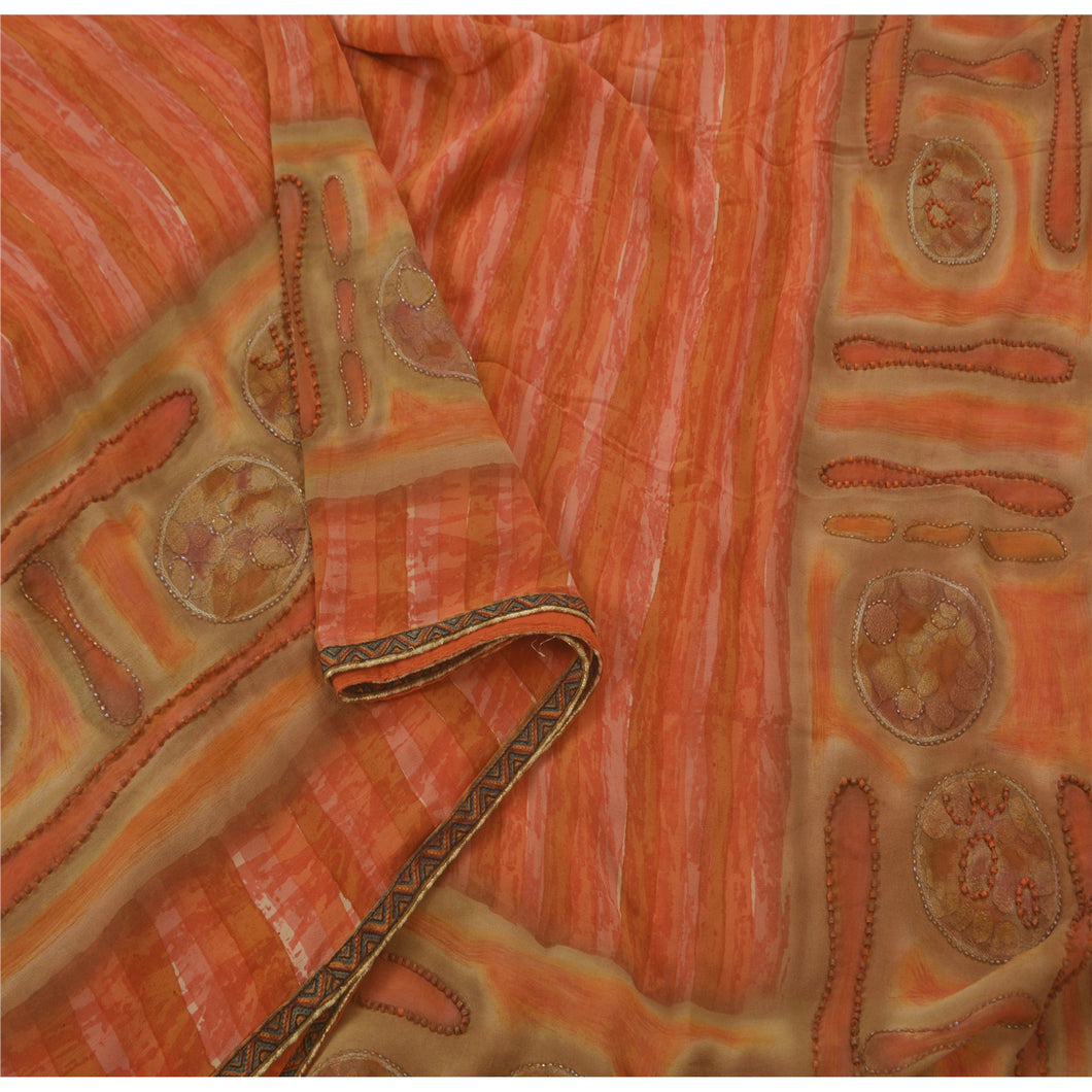 Orange Saree Pure Georgette Silk Hand Beaded Fabric 5 Yd Sari