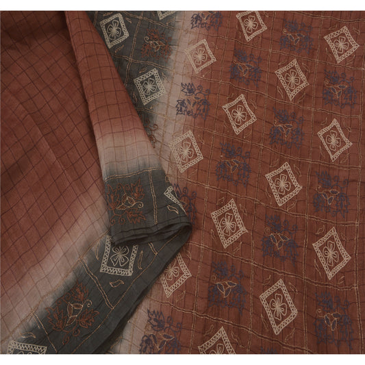 Sanskriti Vintage Brown Saree Pure Silk Hand Embroidered Craft Sustainable Fabric 5 Yd Sari