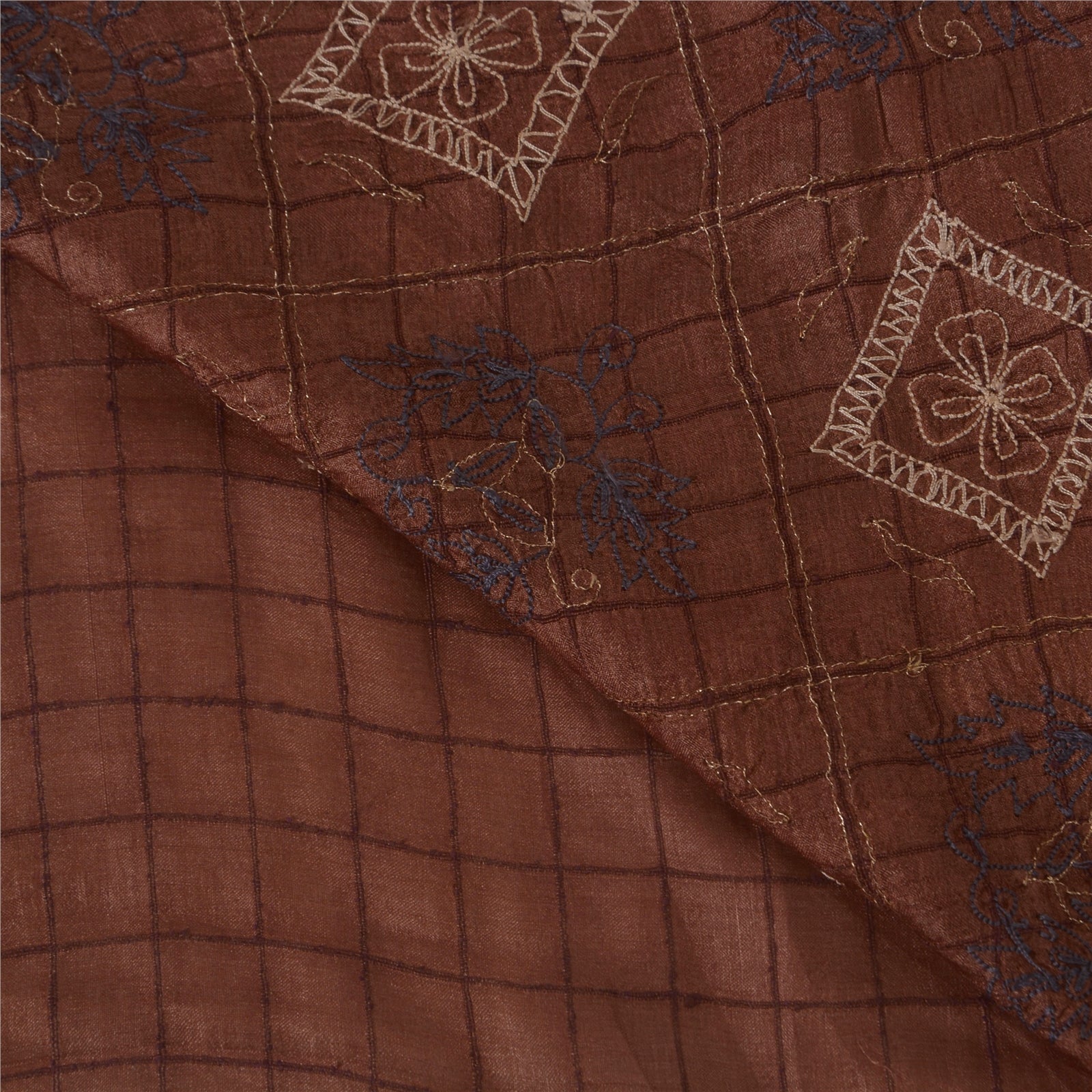 Sanskriti Vintage Brown Saree Pure Silk Hand Embroidered Craft Sustainable Fabric 5 Yd Sari