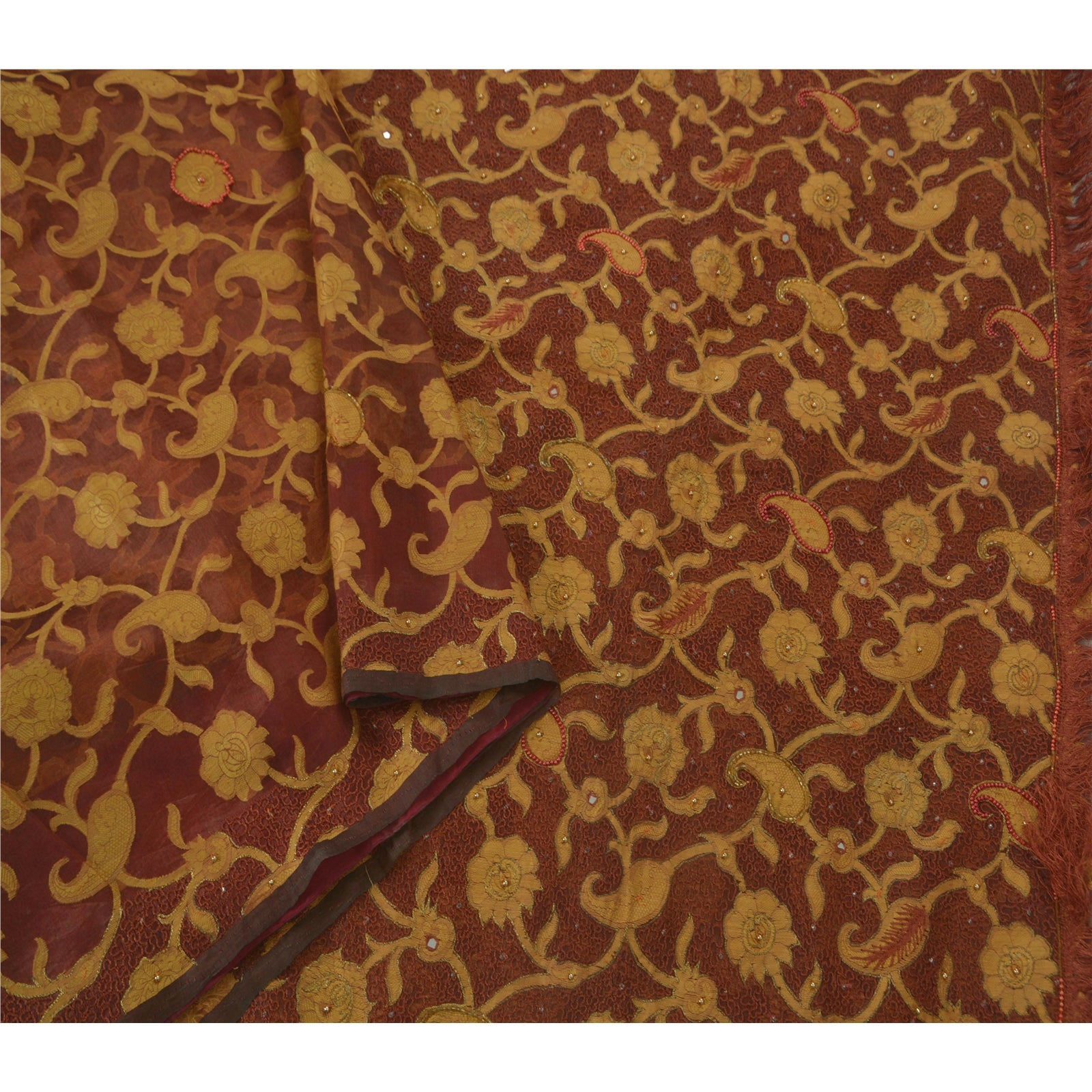 Sanskriti Vintage Brown Saree Pure Organza Silk Hand Beaded Sustainable Fabric Premium Sari