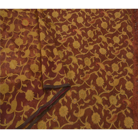 Sanskriti Vintage Brown Saree Pure Organza Silk Hand Beaded Sustainable Fabric Premium Sari