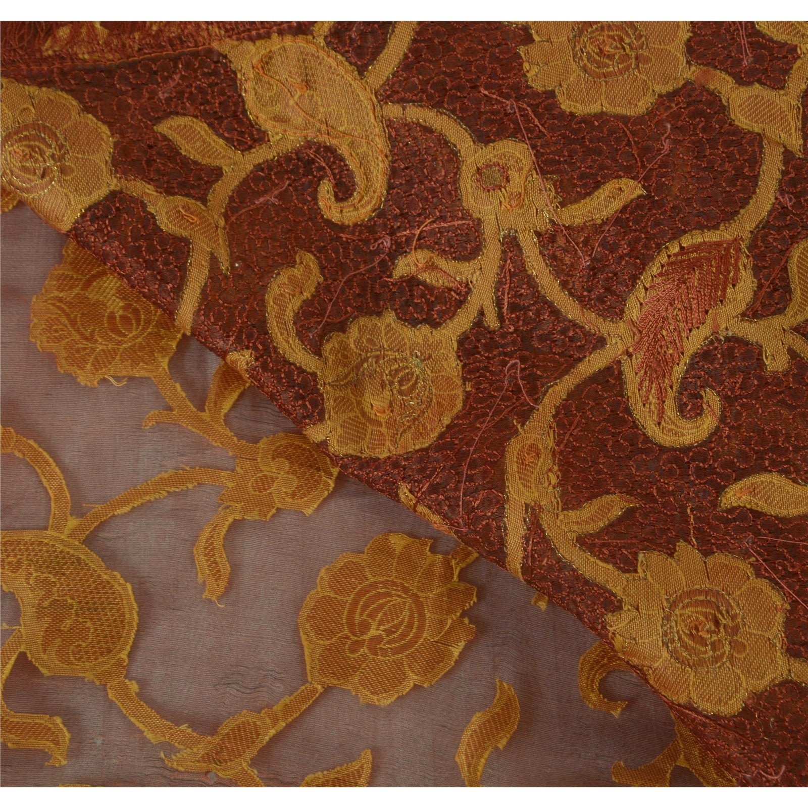 Sanskriti Vintage Brown Saree Pure Organza Silk Hand Beaded Sustainable Fabric Premium Sari