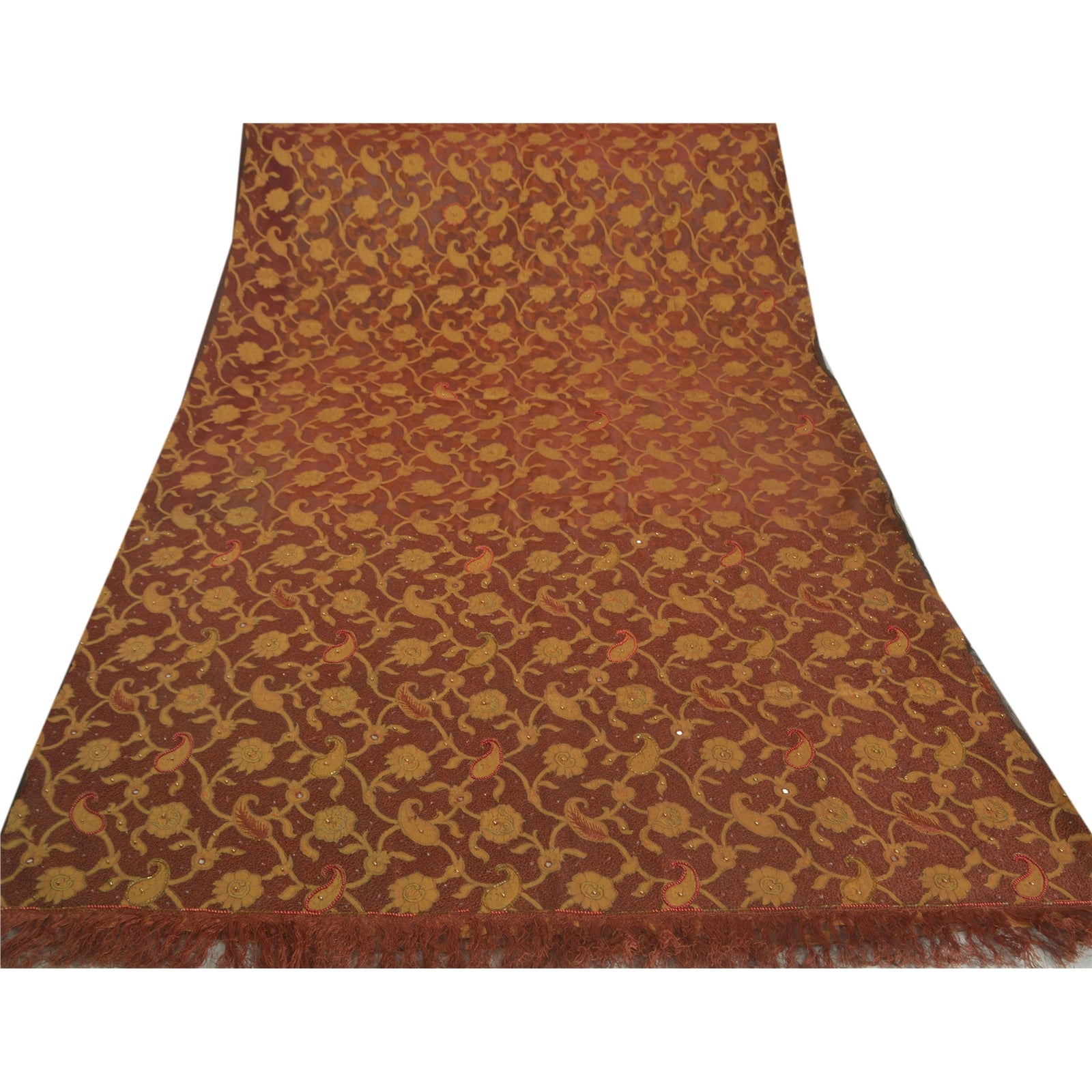 Sanskriti Vintage Brown Saree Pure Organza Silk Hand Beaded Sustainable Fabric Premium Sari