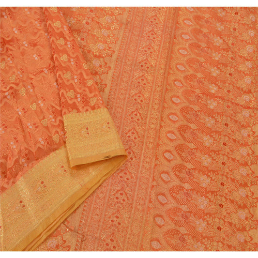 Sanskriti Vintage Orange Saree Art Silk Woven Brocade Sustainable Fabric Cultural 5 Yd Sari